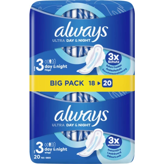 Always® Ultra Day & Night Mit Flügeln Damenbinden BigPack 20ST 3 Always® Ultra Day & Night Mit Flügeln Damenbinden BigPack 20ST